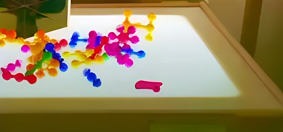 Colorful building pieces on a glowing light table