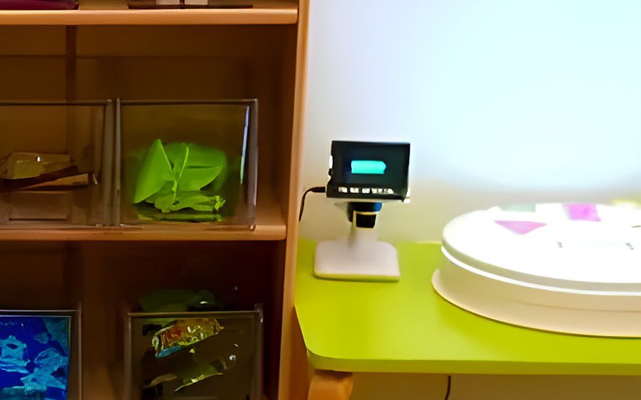 Digital microscope and light table next to shelves of materials